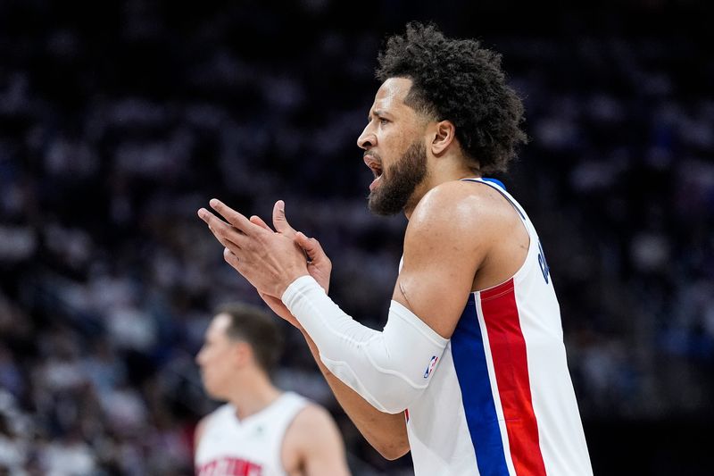 Detroit Pistons guard Cade Cunningham (2) celebrates a play against Orlando Magic during the second half of Game 2 of the first round of the NBA playoffs at Little Caesars Arena in Detroit on Wednesday, April 22, 2026.