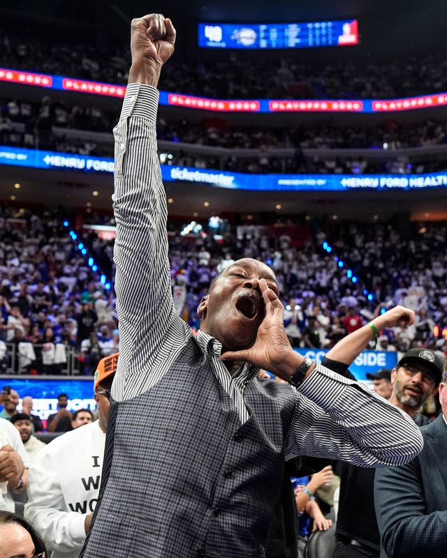 Detroit Pistons legend Isiah Thomas cheers on for the Pistons during the second half of Game 2 of the first round of the NBA playoffs between Detroit Pistons and Orlando Magic at Little Caesars Arena in Detroit on Wednesday, April 22, 2026.