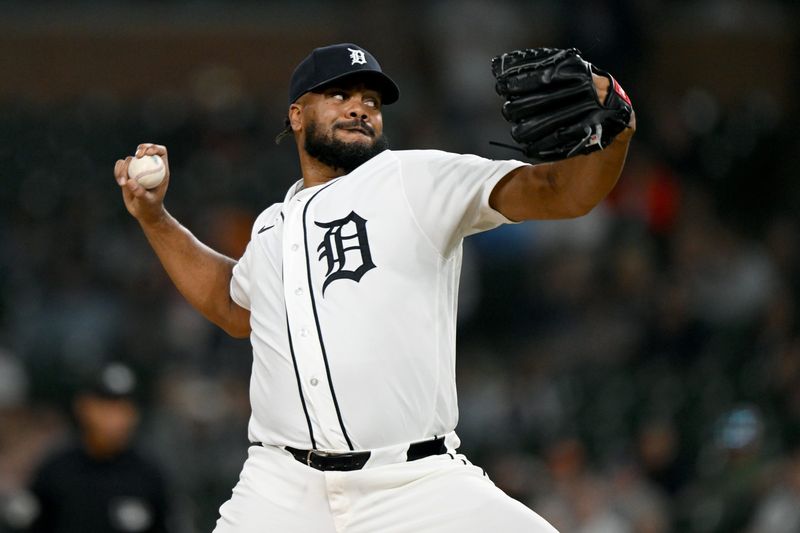 Detroit Tigers pitcher Kenley Jansen (74) throws a pitch against the Milwaukee Brewers in the ninth inning at Comerica Park in Detroit on Wednesday, April 22, 2026.
