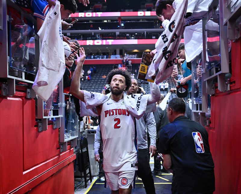 Detroit Pistons guard Cade Cunningham (2) greets the fans at the end of the game. Detroit Pistons vs Orlando Magic, Round 1/Game 2 at Little Caesars Arena on Wednesday, April 22, 2026, in Detroit, Mich