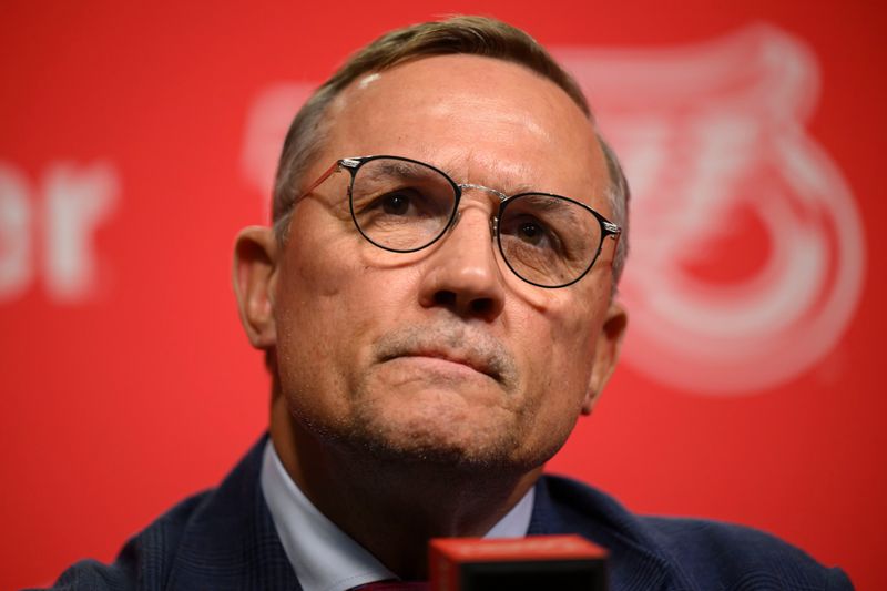 Red Wings general manager Steve Yzerman speaks during an end-of-season news conference Thursday at Little Caesars Arena in Detroit.