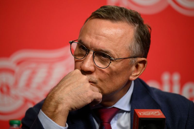Detroit Red Wings General Manager Steve Yzerman speaks during an end-of-the-season press conference at Little Caesars Arena, in Detroit, April 23, 2026.