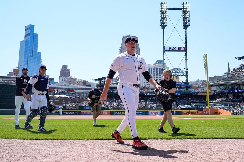 Detroit Tigers pitcher Tarik Skubal (29) walks towards the dugout after warm up before first pitch against Milwaukee Brewers at Comerica Park in Detroit on Thursday, April 23, 2026.