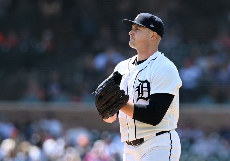 Tigers pitcher Tarik Skubal reacts after the Brewers first hit of the game in the fourth inning.