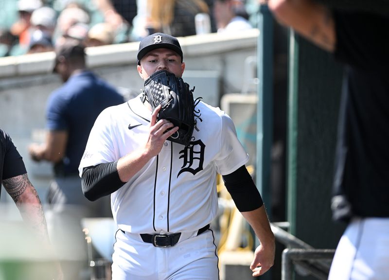 Tigers pitcher Tarik Skubal walks through the dugout after a pitching change and Brewers tie the game in the seventh inning.