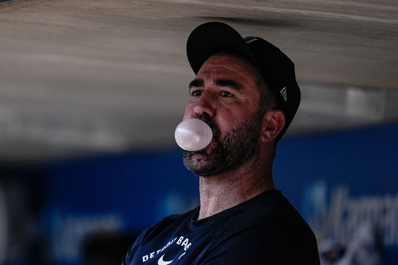 Detroit Tigers pitcher Justin Verlander in the dugout during the eighth inning against Milwaukee Brewers at Comerica Park in Detroit on Thursday, April 23, 2026.