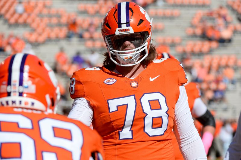 Oct 19, 2024; Clemson, South Carolina, USA; Clemson Tigers offensive lineman Blake Miller (78) looks on during warm ups prior to the game against the Virginia Cavaliers at Memorial Stadium. Mandatory Credit: Alexander Hicks-Imagn Images