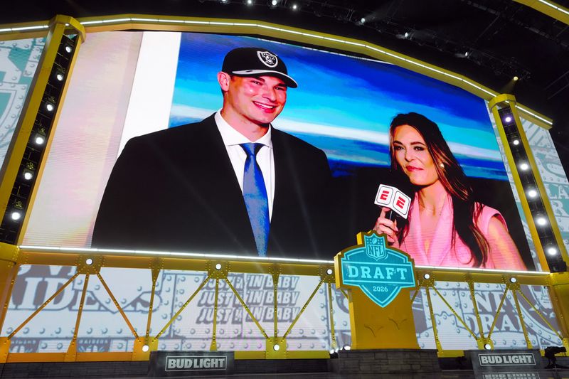 Apr 23, 2026; Pittsburgh, PA, USA; Indiana Hoosiers quarterback Fernando Mendoza is selected by the Las Vegas Raiders as the number one pick during the 2026 NFL Draft at Acrisure Stadium. Mandatory Credit: Kirby Lee-Imagn Images