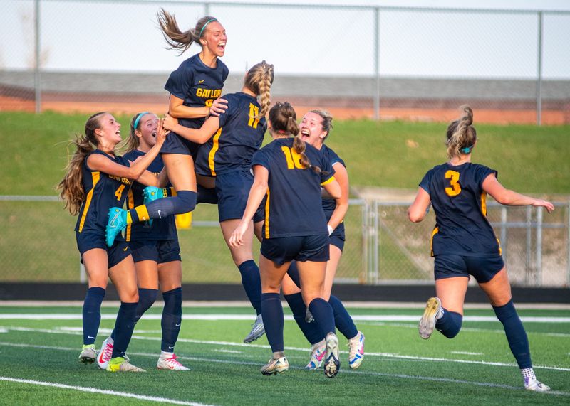 Gaylord celebrates a goal from Josie Bensinger (11), her sixth in two games, as GHS beat Traverse City West 1-0 on Thursday, April 23.
