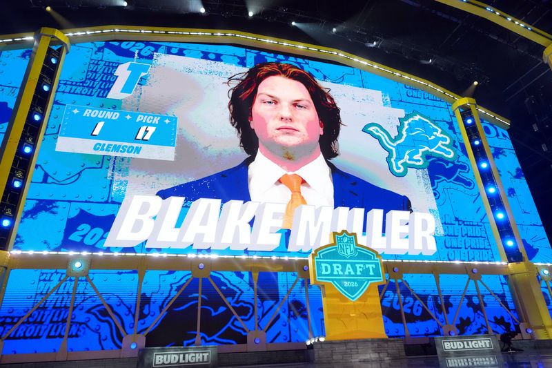 Clemson Tigers offensive lineman Blake Miller was selected by the Detroit Lions as the No. 17 pick during the 2026 NFL Draft at Acrisure Stadium in Pittsburgh.