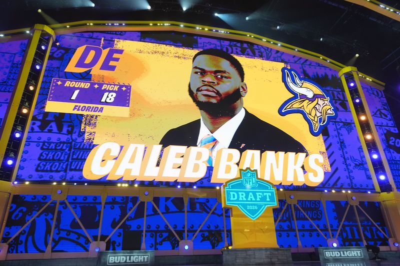 Florida Gators defensive lineman Caleb Banks is selected by the Minnesota Vikings as the number 18 pick during the 2026 NFL Draft at Acrisure Stadium in Pittsburgh.