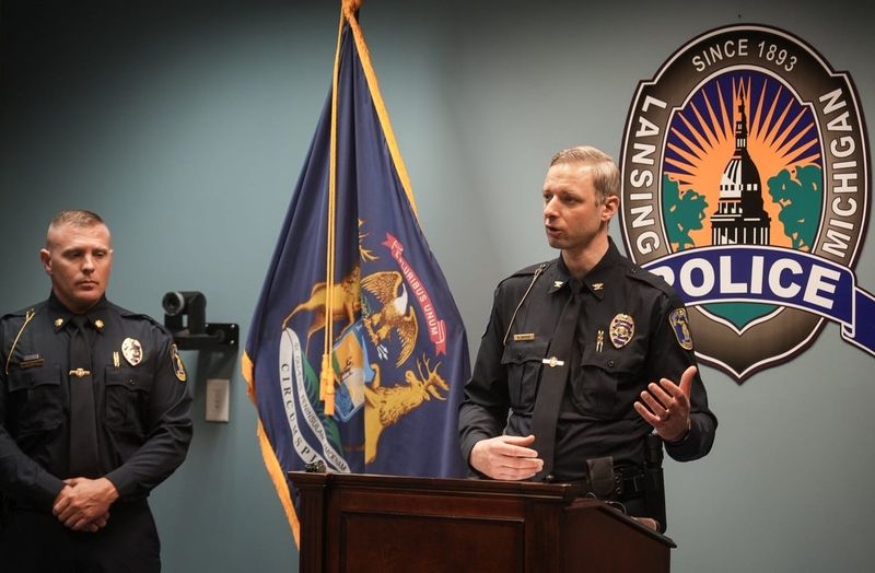 Lansing Police Chief Robert Backus speaks during Friday, April 24, 2026, press conference/