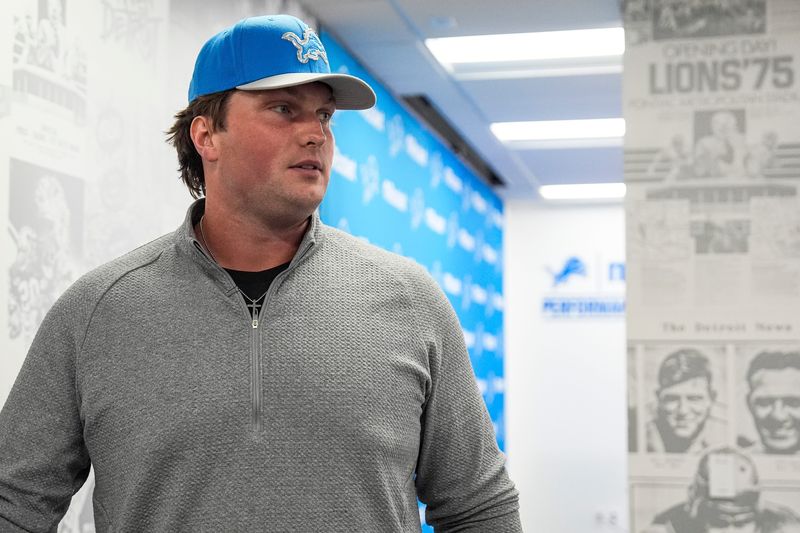 Detroit Lions first round draft Blake Miller walks off the podium after speaking at the introductory press conference at Meijer Performance Center in Allen Park on Friday, April 24, 2026.