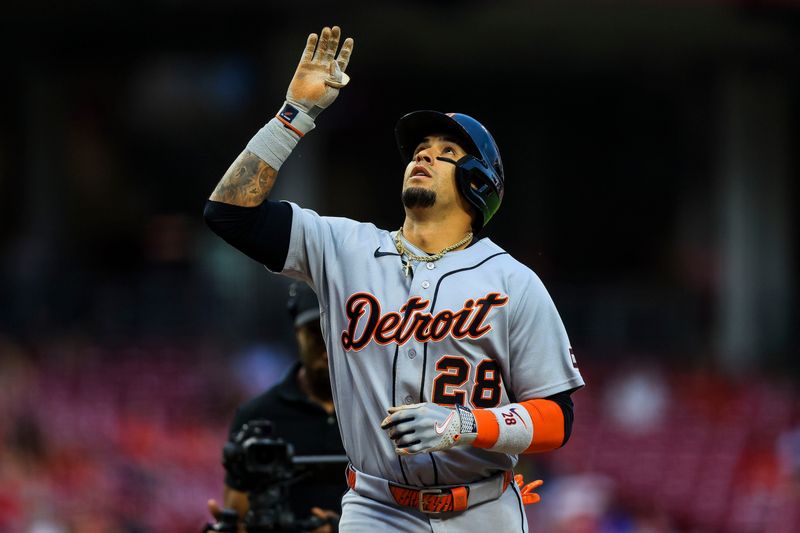 Detroit Tigers shortstop Javier Baez (28) reacts after hitting a solo home run in the third inning against the Cincinnati Reds at Great American Ball Park in Cincinnati on Friday, April 24, 2026.