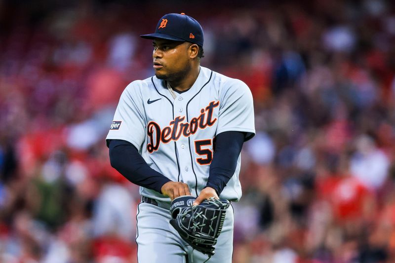 Detroit Tigers starting pitcher Framber Valdez (59) walks off the field at the end of the third inning in the game against the Cincinnati Reds at Great American Ball Park in Cincinnati on Friday, April 24, 2026.