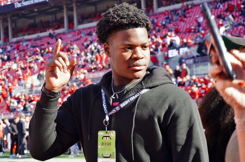 Romeoville defensive lineman Ohimai Ozolua visits Ohio Stadium on the day of the Ohio State Buckeyes football game against the Rutgers Scarlet Knights on Nov. 22, 2025.