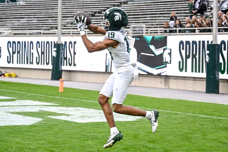 Michigan State's Charles Taplin catches a pass during the football Spring Showcase on Saturday, April 18, 2026, at Spartan Stadium in East Lansing.