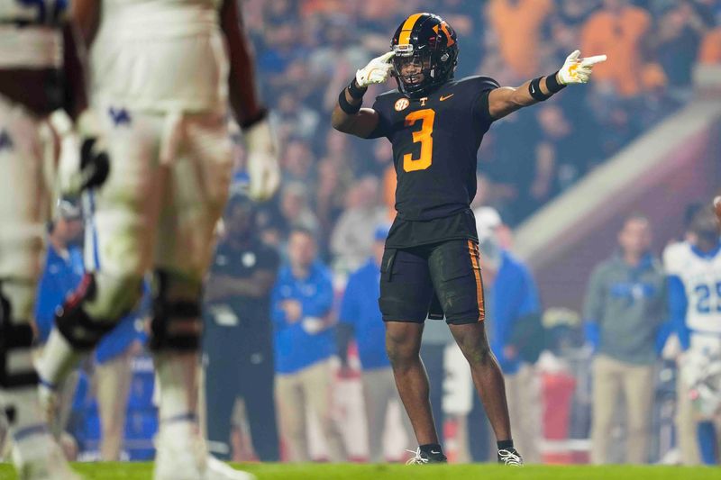 Nov 2, 2024; Knoxville, Tennessee, USA; Tennessee Volunteers defensive back Jermod McCoy (3) points down the field during during the second half against the Kentucky Wildcats at Neyland Stadium. Mandatory Credit: Caitie McMekin/USA TODAY Network via Imagn Images