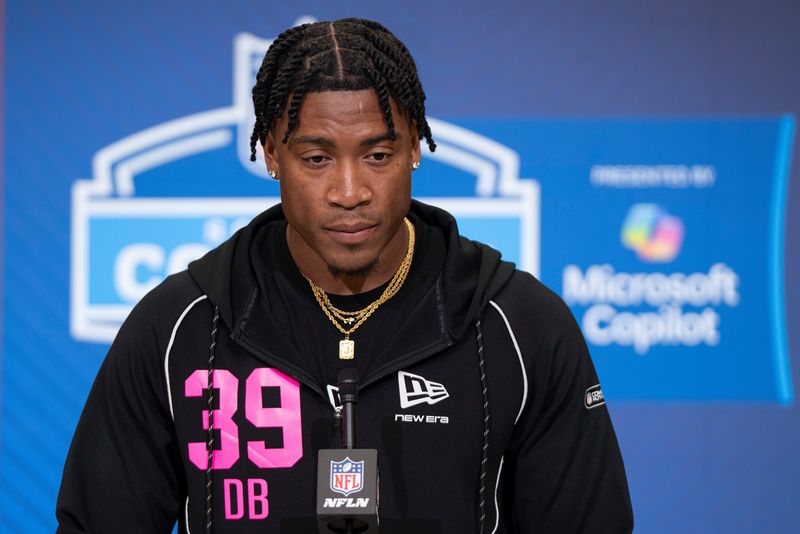 Feb 26, 2026; Indianapolis, IN, USA; South Carolina defensive back Jalon Kilgore (DB39) speaks to members of the media during the NFL Combine at the Indiana Convention Center. Mandatory Credit: Jacob Musselman-Imagn Images