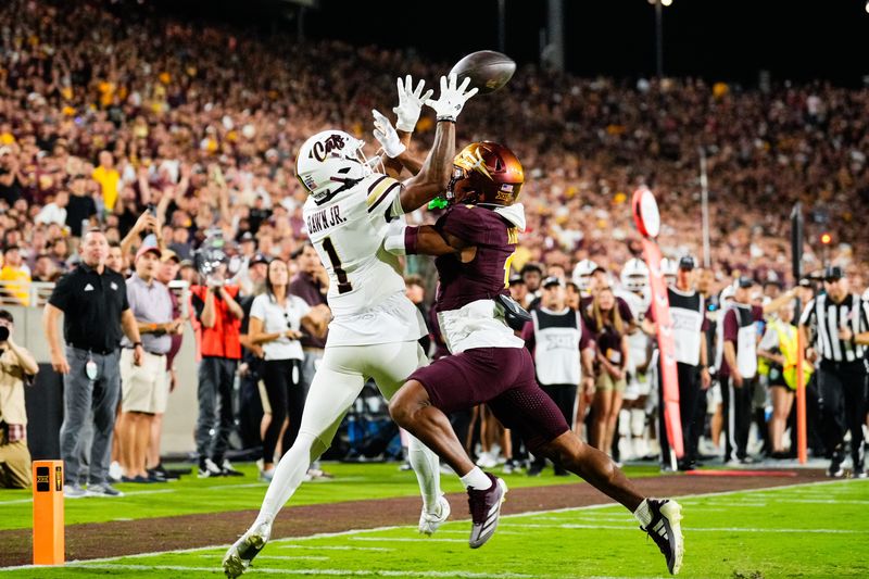 Arizona State Sun Devils defensive back Keith Abney II (1) breaks up a pass intended for Texas State Bobcats wide receiver Chris Dawn Jr. (1) in the second quarter of the game between Arizona State Sun Devils and Texas State Bobcats in Tempe, Arizona, on ept. 13, 2025.