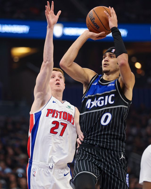 Orlando Magic guard Anthony Black (0) shoots the ball against the Detroit Pistons in the third quarter during Game 3 of the first round of the 2026 NBA playoffs at Kia Center in Orlando, Florida, on Saturday, April 25, 2026.