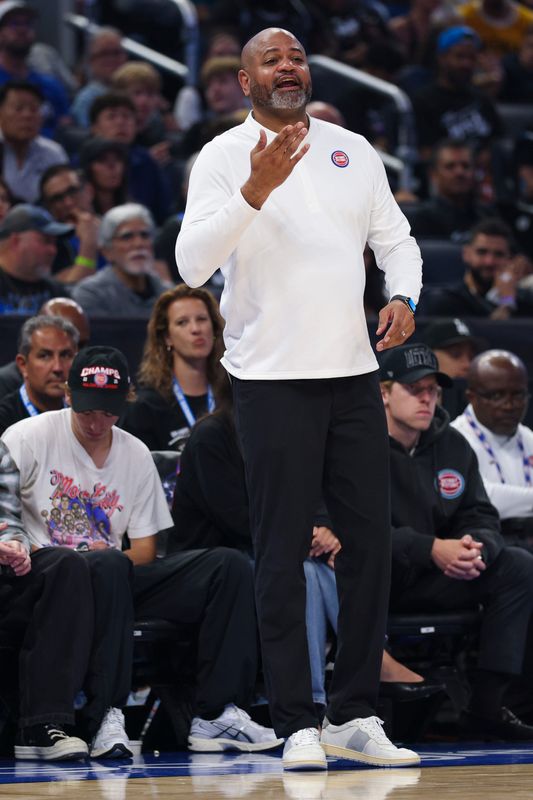 Detroit Pistons head coach J.B. Bickerstaff directs the team against the Orlando Magic in the third quarter during Game 3 of the first round of the 2026 NBA playoffs at Kia Center in Orlando, Florida, on Saturday, April 25, 2026.