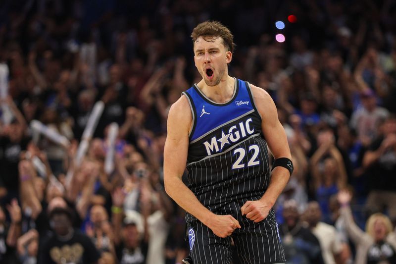 Magic forward Franz Wagner reacts after a basket against the Pistons in the fourth quarter during Game 3 of their Eastern Conference first-round playoff series Saturday, April 25, 2026, in Orlando, Florida.