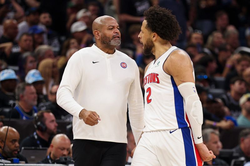 Pistons guard Cade Cunningham (2) reacts to a basket with head coach J.B. Bickerstaff against the Magic in the fourth quarter during Game 3 of their Eastern Conference first-round playoff series Saturday, April 25, 2026, in Orlando, Florida.