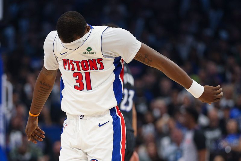 Pistons guard Javonte Green (31) reacts after plays against the Magic in the third quarter during Game 3 of their Eastern Conference first-round playoff series Saturday, April 25, 2026, in Orlando, Florida.