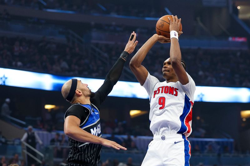 Pistons guard Ausar Thompson (9) shoots the ball over Magic guard Jalen Suggs (4) in the second quarter during during Game 3 of their Eastern Conference first-round playoff series Saturday, April 25, 2026, in Orlando, Florida.