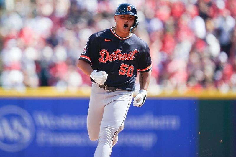 Detroit Tigers second baseman Hao-Yu Lee (50) celebrates as he runs the bases after hitting a homer in the seventh inning of a MLB game between the Cincinnati Reds and Detroit Tigers, Sunday, April 26, 2026, at Great American Ball Park in downtown Cincinnati.