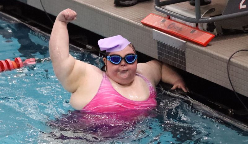 Area 20 athlete Kaitlyn celebrates during the third annual Buddy Meet at Milan High School on Monday, May 20, 2026.