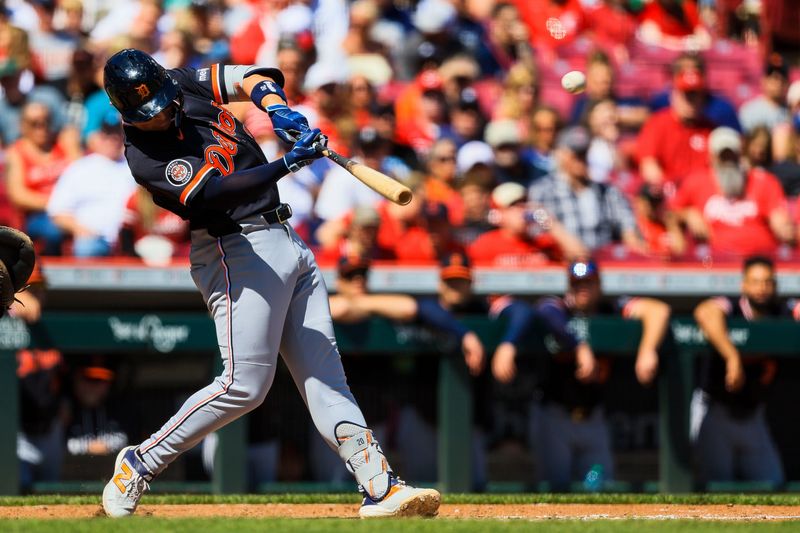 Detroit Tigers first baseman Spencer Torkelson (20) hits a solo home run in the seventh inning against the Cincinnati Reds at Great American Ball Park in Cincinnati on Sunday, April 26, 2026.