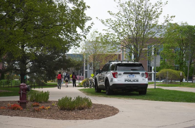 MSU police had a heavy presence near Wells Hall on the campus of Michigan State University on Monday, April 8, 2026.