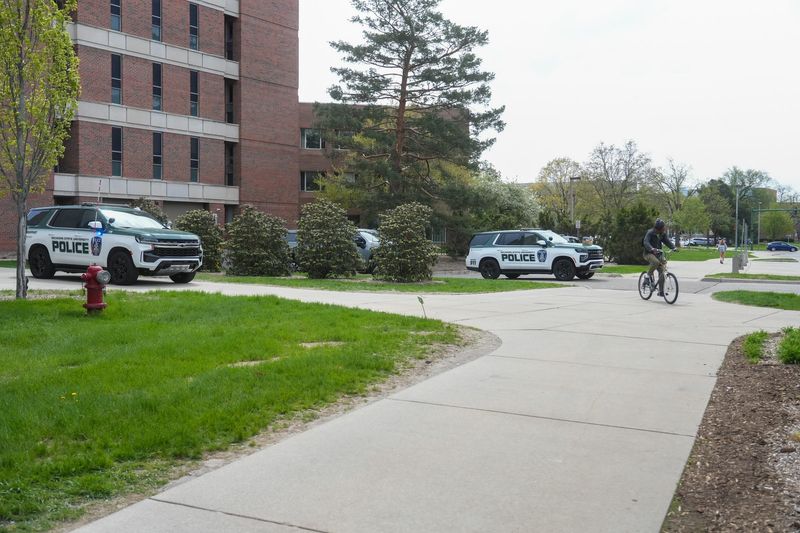 MSU police had a heavy presence near Wells Hall on the campus of Michigan State University on Monday, April 8, 2026.