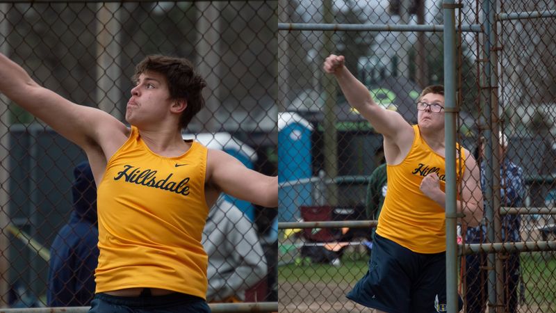 Hillsdale throwers (left to right) Blaise Mayer and Mason Towne lead early Hillsdale Area Best boys track and field standings in throwing events.