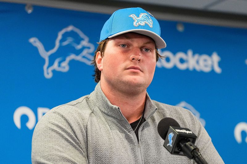 Detroit Lions first round draft Blake Mille answers a question during his introductory press conference at Meijer Performance Center in Allen Park on Friday, April 24, 2026.