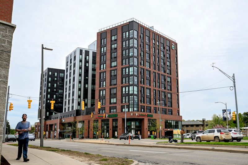 The corner of Grand River Avenue and Bogue Street in East Village on Monday, April 27, 2026, in East Lansing.