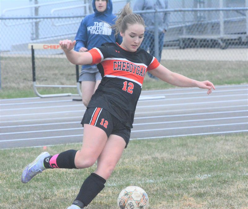 Cheboygan senior Morgan Davis works with the ball during the first half of a girls soccer game against Kalkaska in Cheboygan on Monday, April 27. Davis netted her first-career hat trick in a victory.