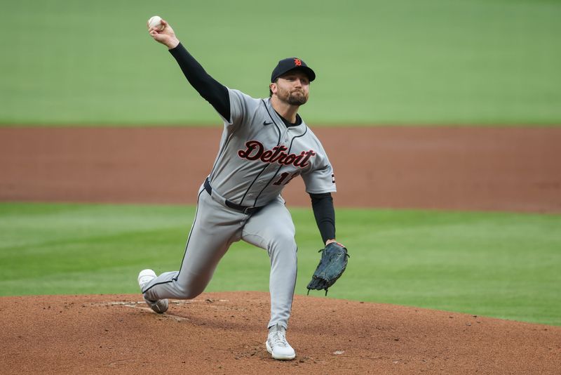 Apr 28, 2026; Atlanta, Georgia, USA; Detroit Tigers starting pitcher Casey Mize (12) throws against the Atlanta Braves in the first inning at Truist Park. Mandatory Credit: Brett Davis-Imagn Images
