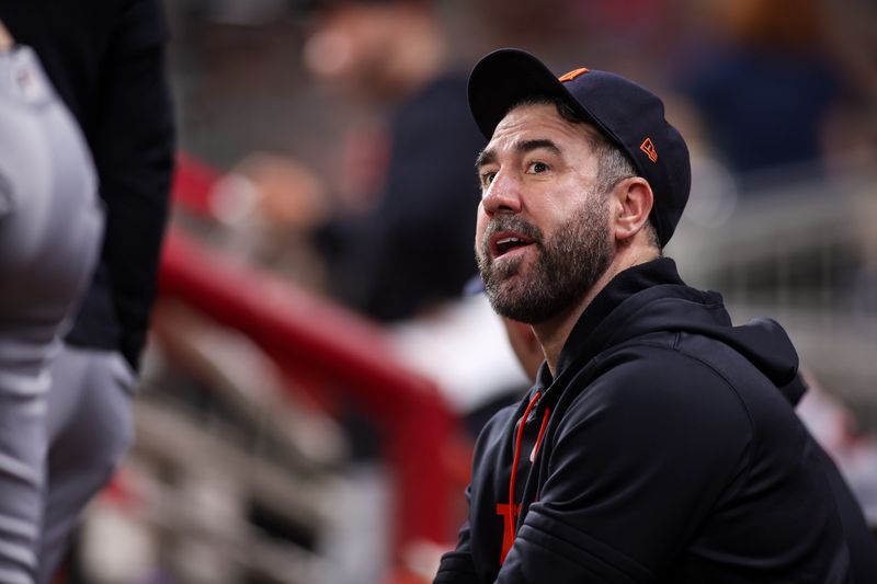 Apr 28, 2026; Atlanta, Georgia, USA; Detroit Tigers starting pitcher Justin Verlander (35) in the dugout against the Atlanta Braves in the sixth inning at Truist Park. Mandatory Credit: Brett Davis-Imagn Images