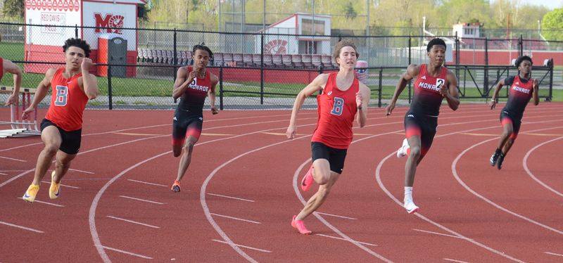 Bryce McCloud and Youssif Jomaa (left) of Bedford compete with Jayden Campbell, Zamir Austin and Brendan Bacon (left to right) of Monroe during a 70-40 Bedford triumph on Tuesday, April 28, 2026.