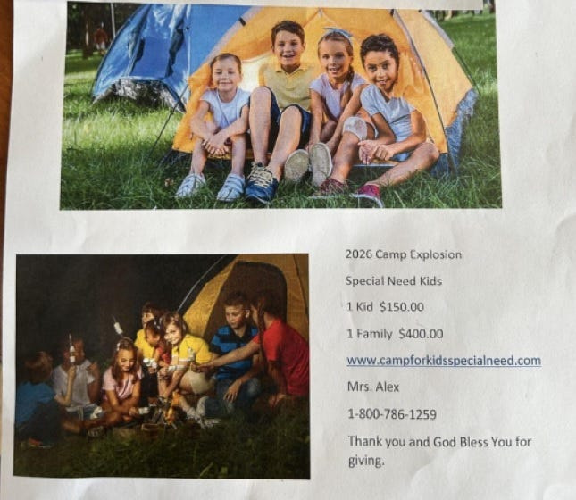A scammer has been using this flyer as part of a scheme in which local business owners are asked to donate to a fake camp for children with special needs, authorities said.