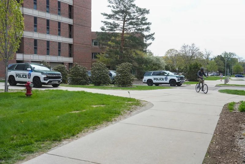 MSU police had a heavy presence near Wells Hall on the campus of Michigan State University on Monday, April 8, 2026.