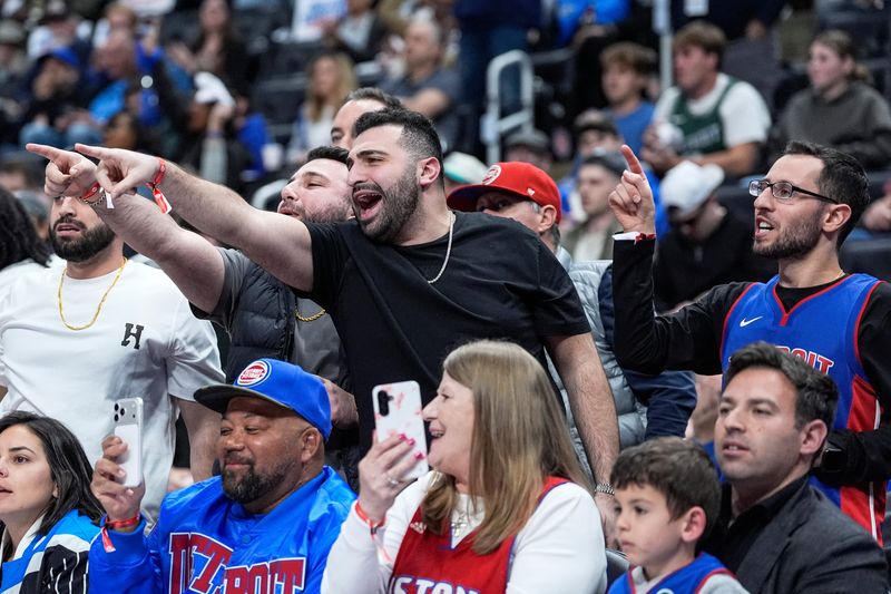 Detroit Pistons fans cheer on against Orlando Magic during the first half of Game 5 of First Round of NBA playoffs at Little Caesars Arena in Detroit on Wednesday, April 29, 2026.
