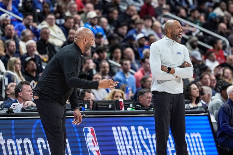 Detroit Pistons head coach J.B. Bickerstaff, left, next to Orlando Magic head coach Jamahl Mosley react to a play during the first half of Game 5 of First Round of NBA playoffs at Little Caesars Arena in Detroit on Wednesday, April 29, 2026.