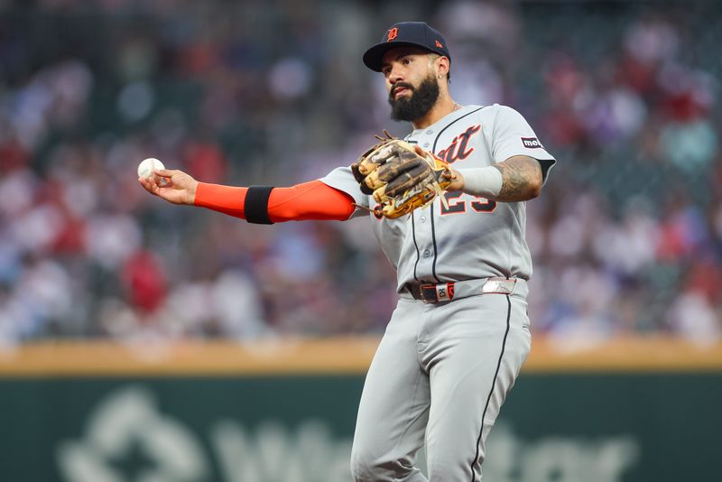 Detroit Tigers second baseman Gleyber Torres (25) throws a runner out at first against the Atlanta Braves in the second inning at Truist Park in Atlanta on Wednesday, April 29, 2026.
