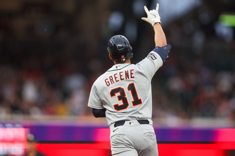 Detroit Tigers left fielder Riley Greene (31) celebrates after a home run against the Atlanta Braves in the third inning at Truist Park in Atlanta on Wednesday, April 29, 2026.