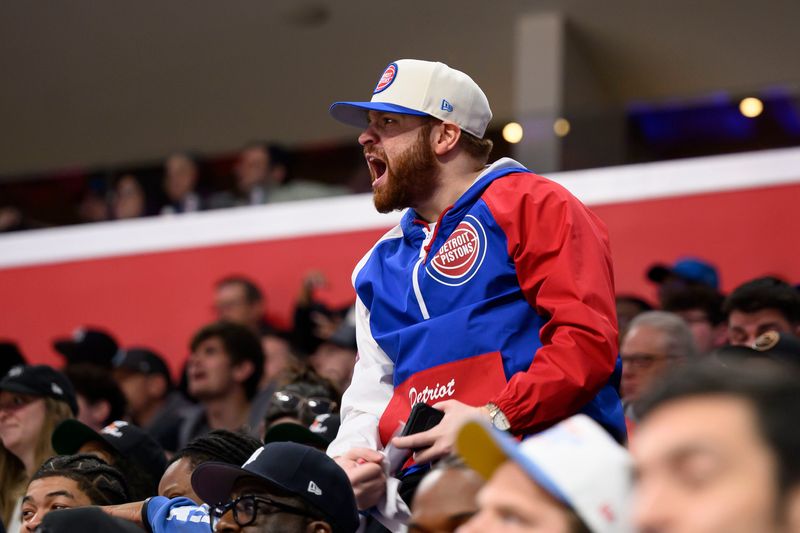 Pistons fans celebrate during the fourth quarter of game five of the NBA quarterfinals between the Detroit Pistons and the Orlando Magic, at Little Caesars Arena, in Detroit, April 29, 2026.