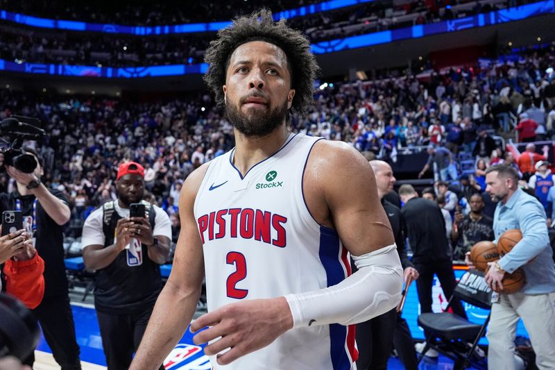 Detroit Pistons guard Cade Cunningham (2) celebrates 116-109 win over Orlando Magic at Game 5 of first round of NBA playoffs at Little Caesars Arena in Detroit on Wednesday, April 29, 2026.